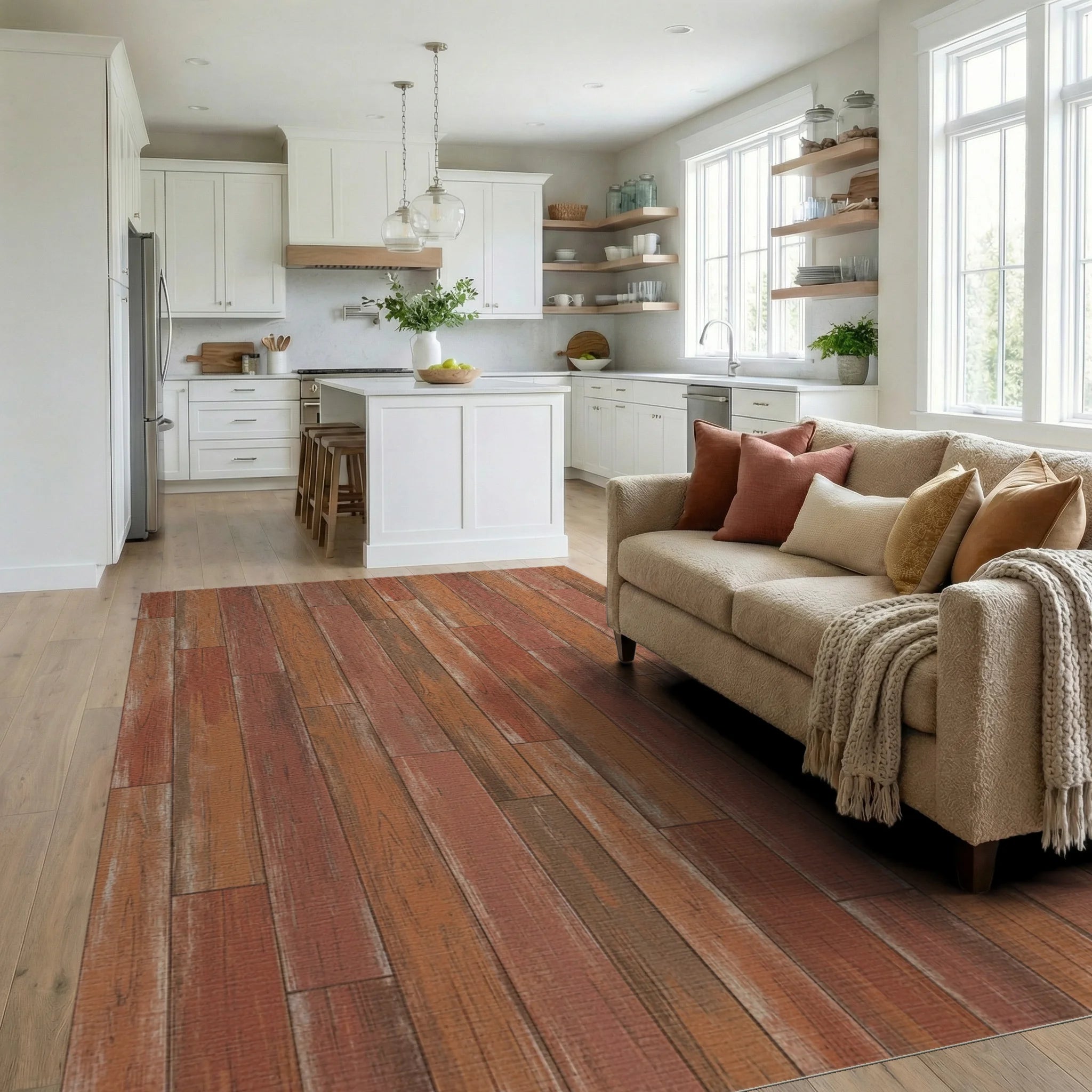Rustic Wood Plank Mid-Tone Rug Living Room View