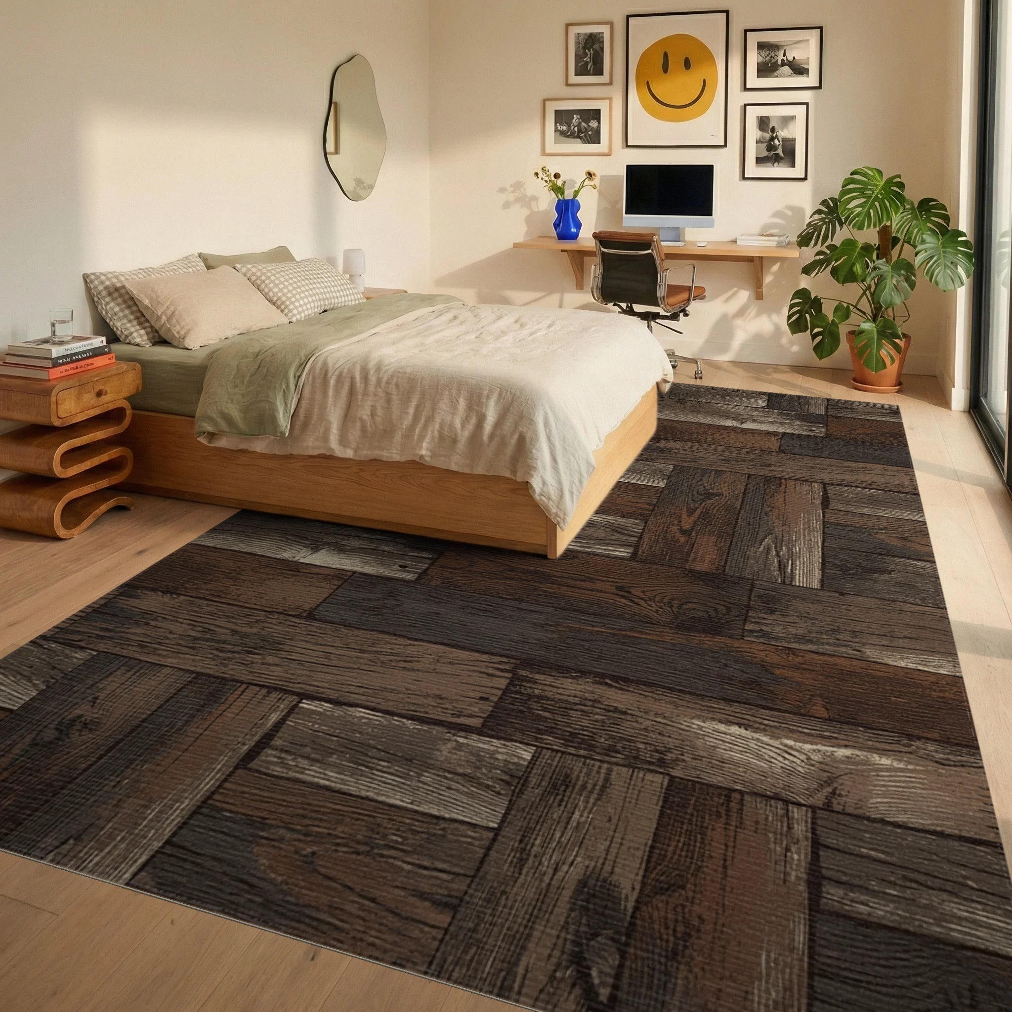 Rustic Wood Plank Parquet Rug Bedroom View