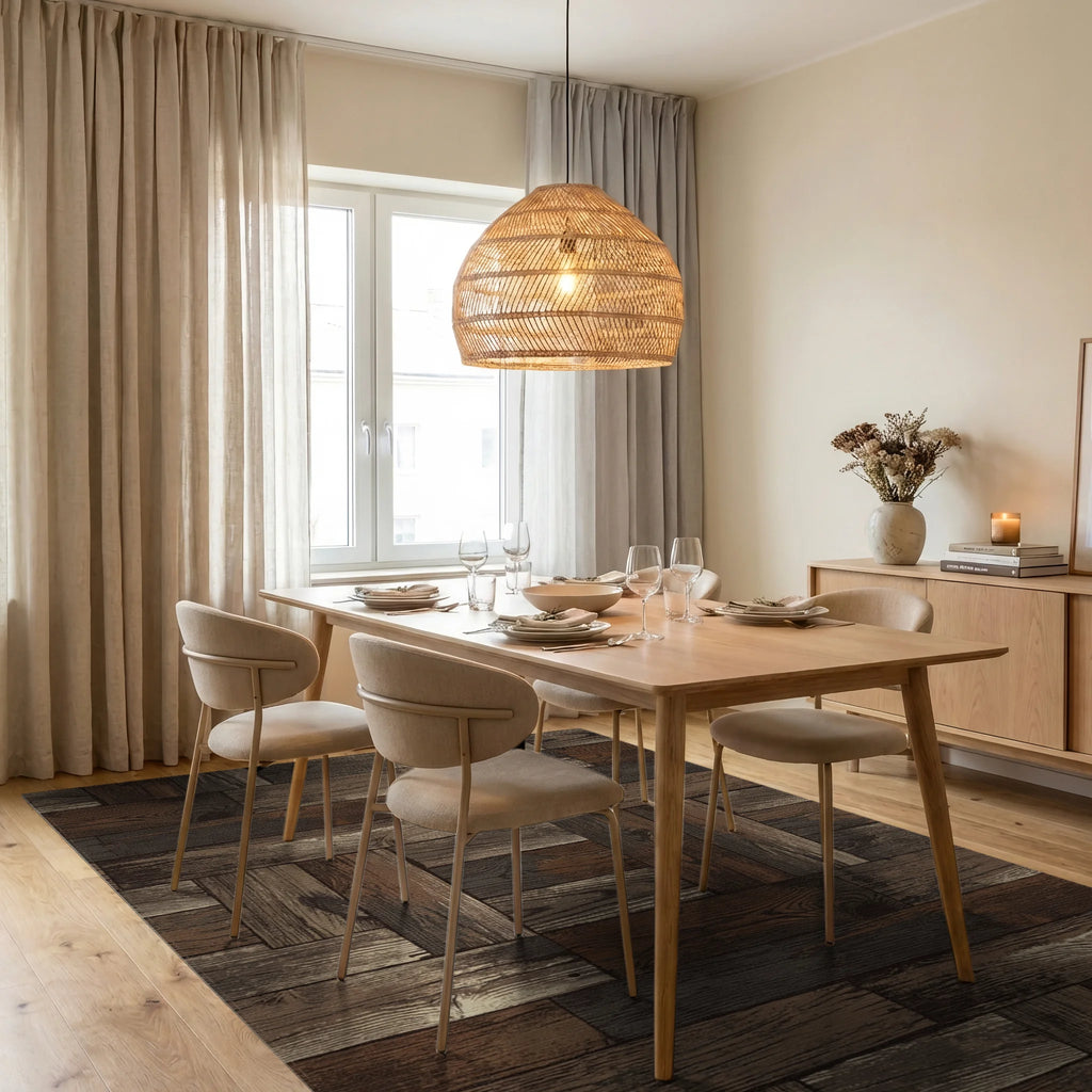 Rustic Wood Plank Parquet Rug Dining Room View