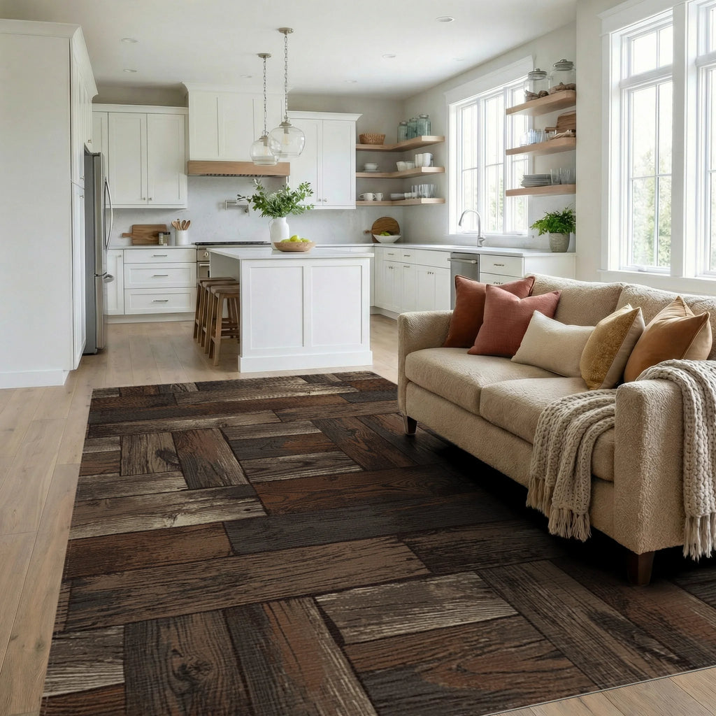 Rustic Wood Plank Parquet Rug Living Room View