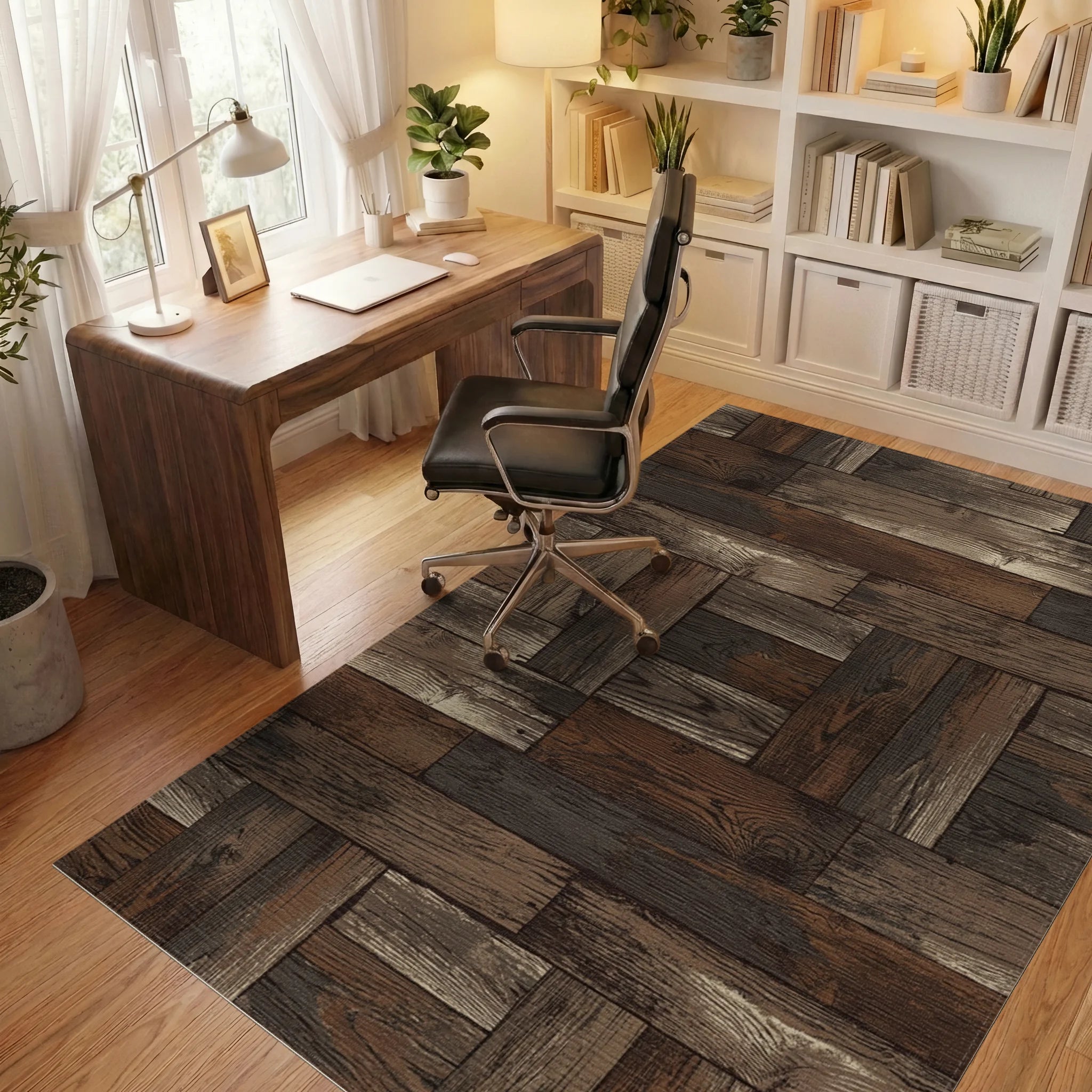 Rustic Wood Plank Parquet Rug Office View