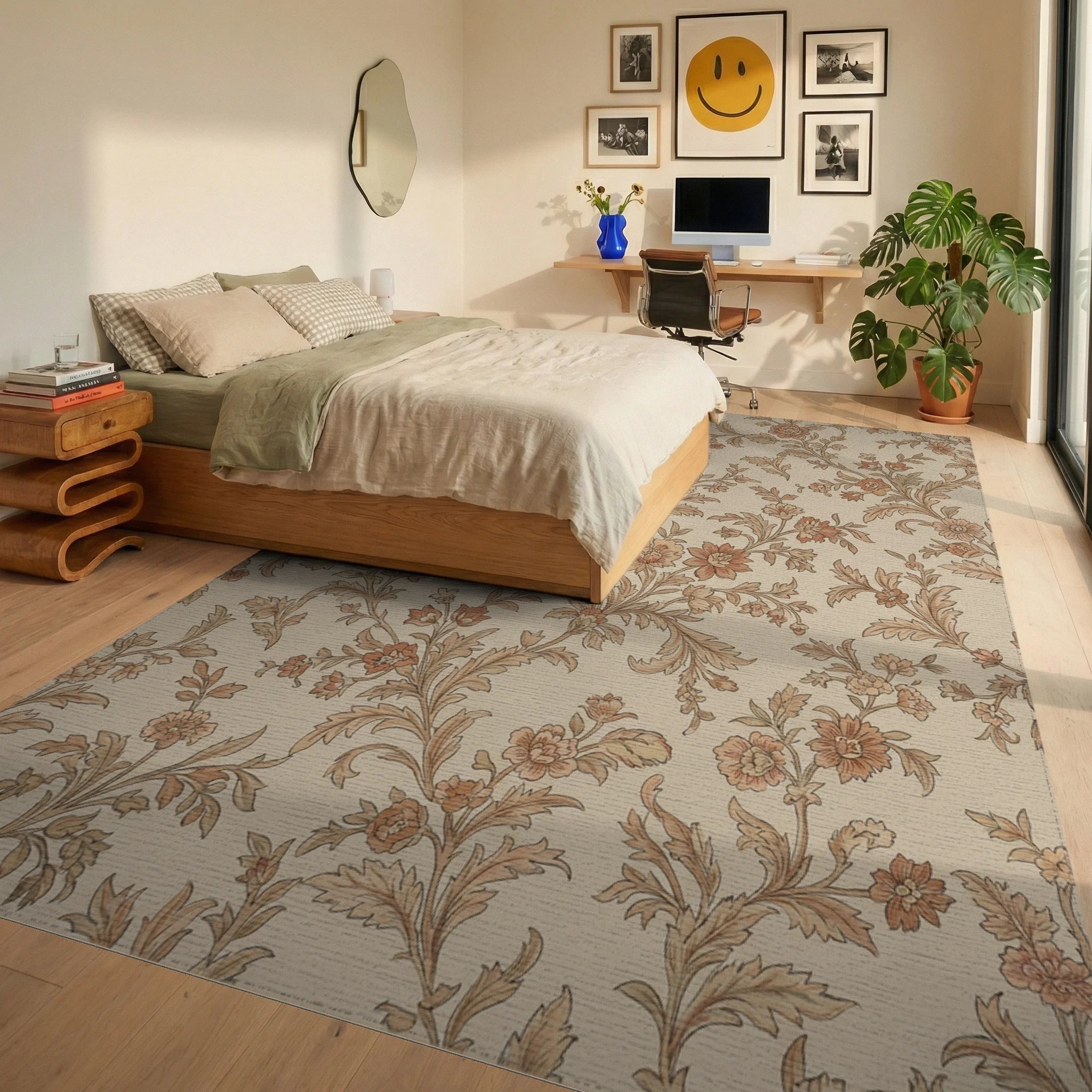 Rusty Orange Floral Vine Flourish Rug Bedroom View