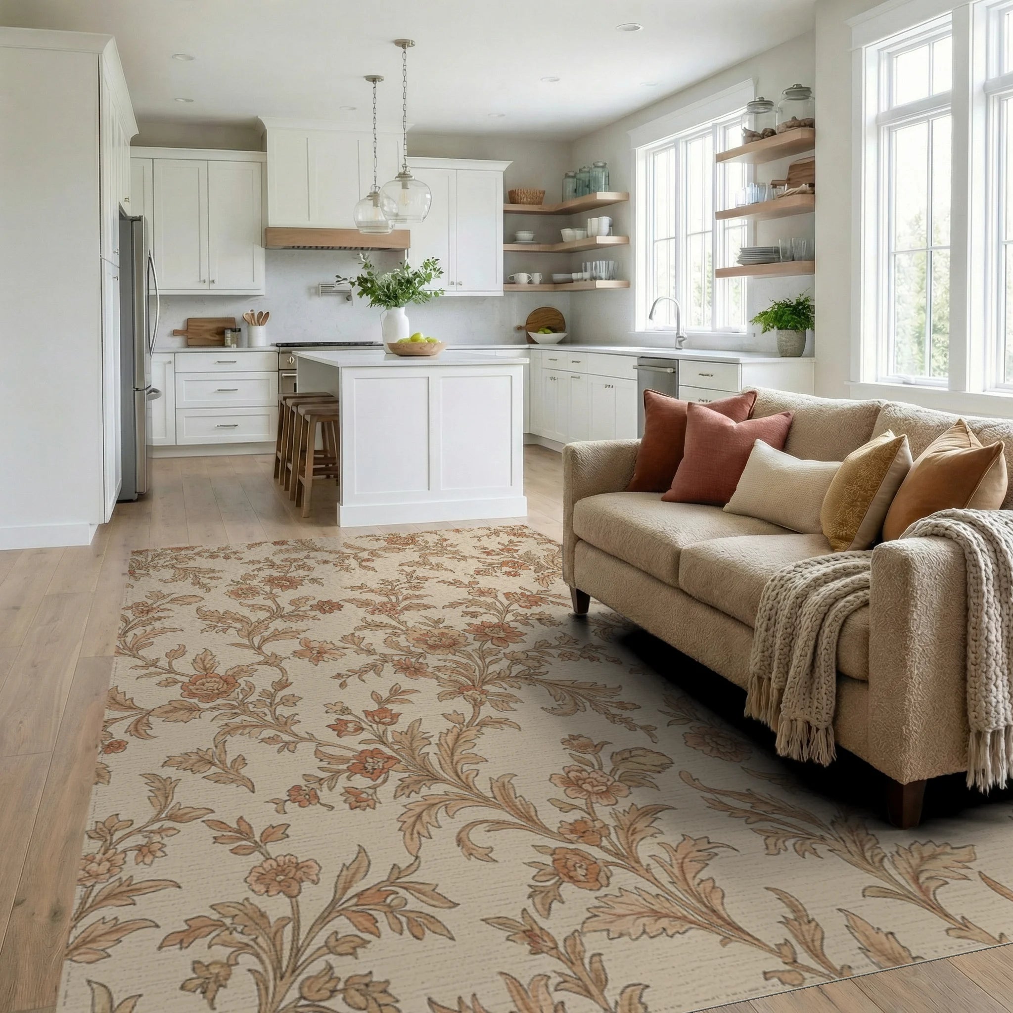 Rusty Orange Floral Vine Flourish Rug Living Room View