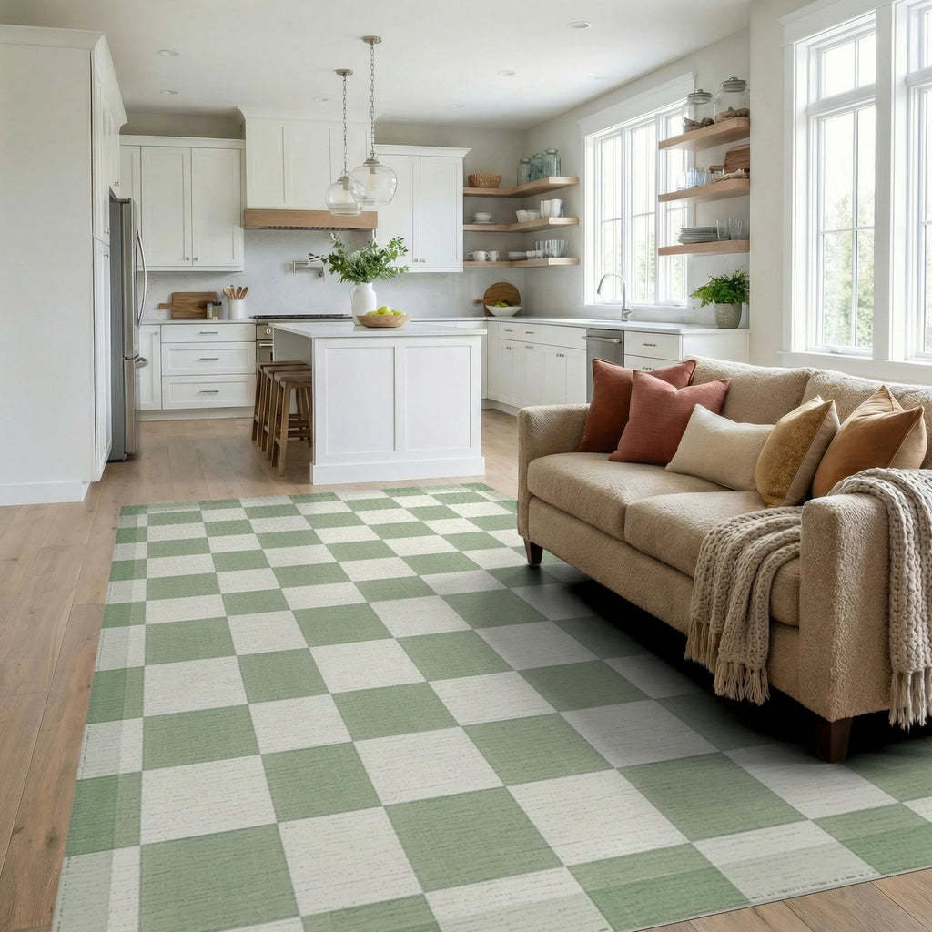 Sage Green Checkerboard Squares Rug - Living Room View