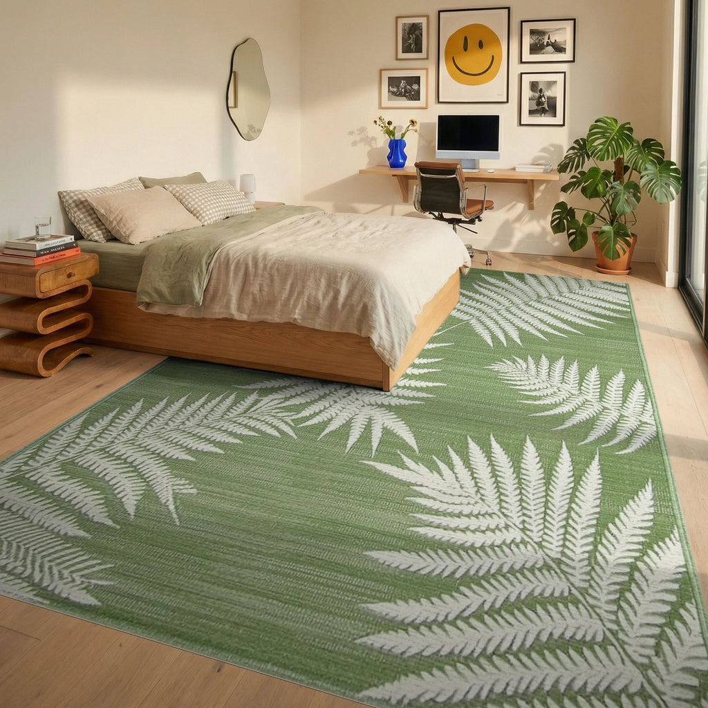 Sage Green Fern Leaf Botanical Rug - Bedroom View