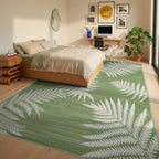 Sage Green Fern Leaf Botanical Rug - Bedroom View