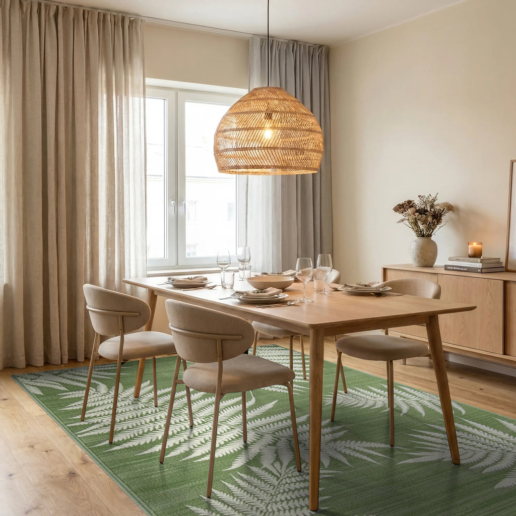 Sage Green Fern Leaf Botanical Rug - Dining Room View