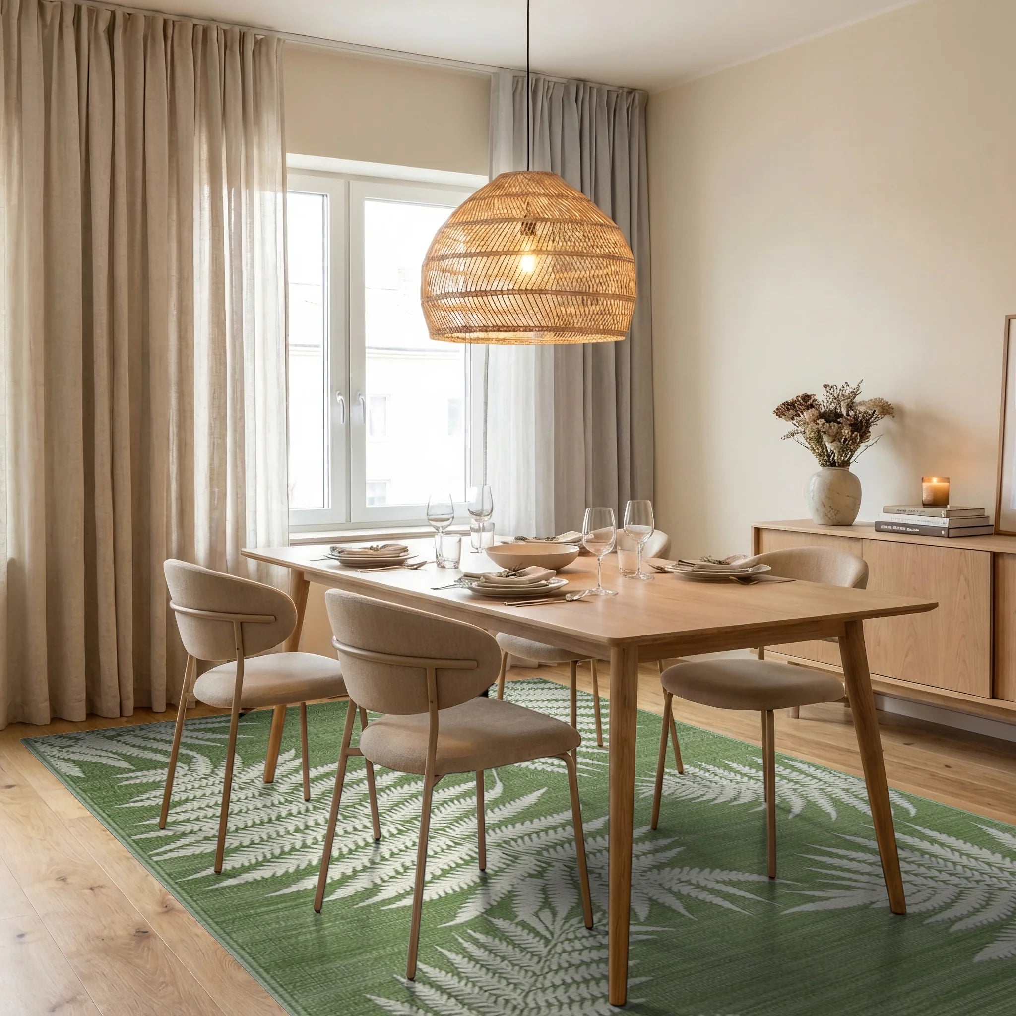 Sage Green Fern Leaf Botanical Rug - Dining Room View