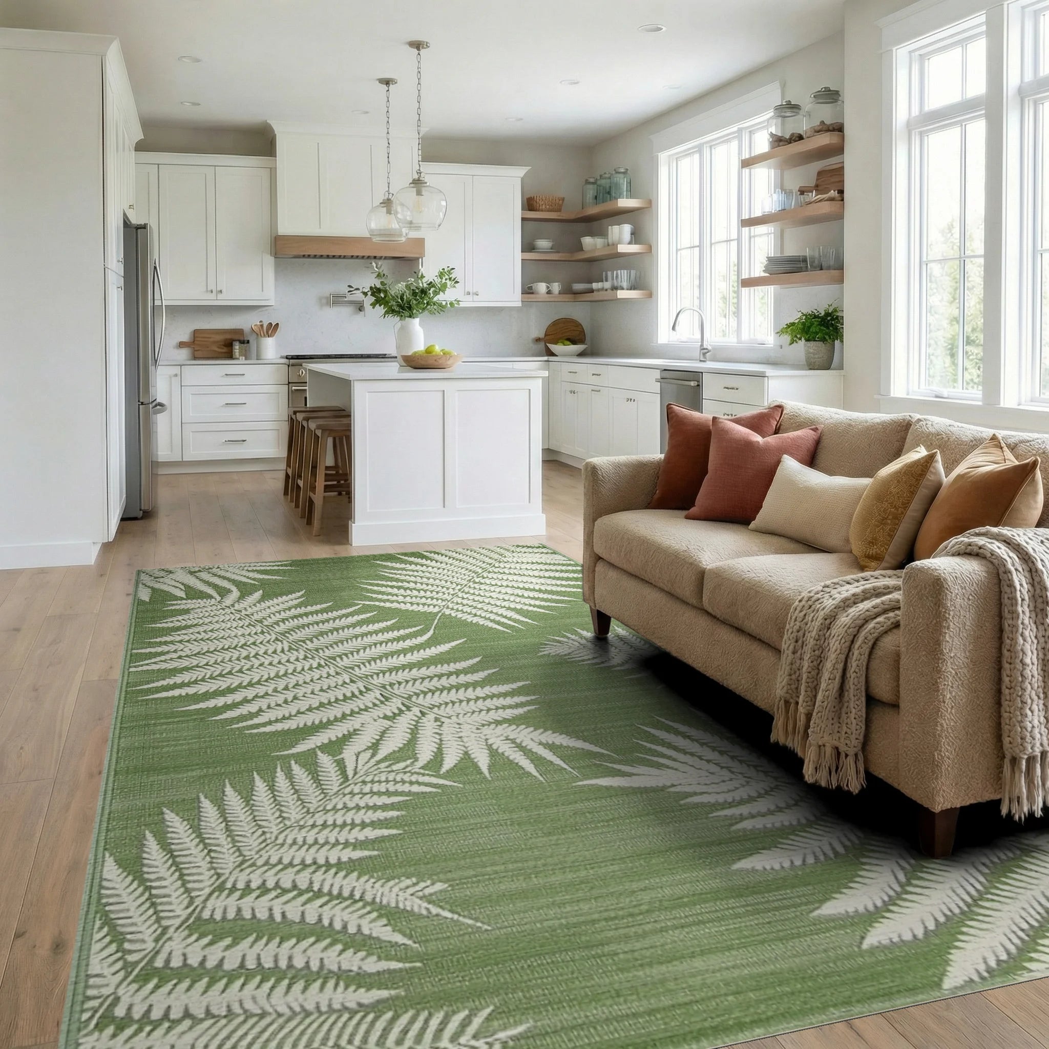 Sage Green Fern Leaf Botanical Rug - Living Room View