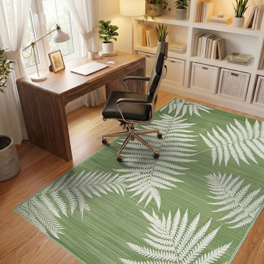Sage Green Fern Leaf Botanical Rug - Office View