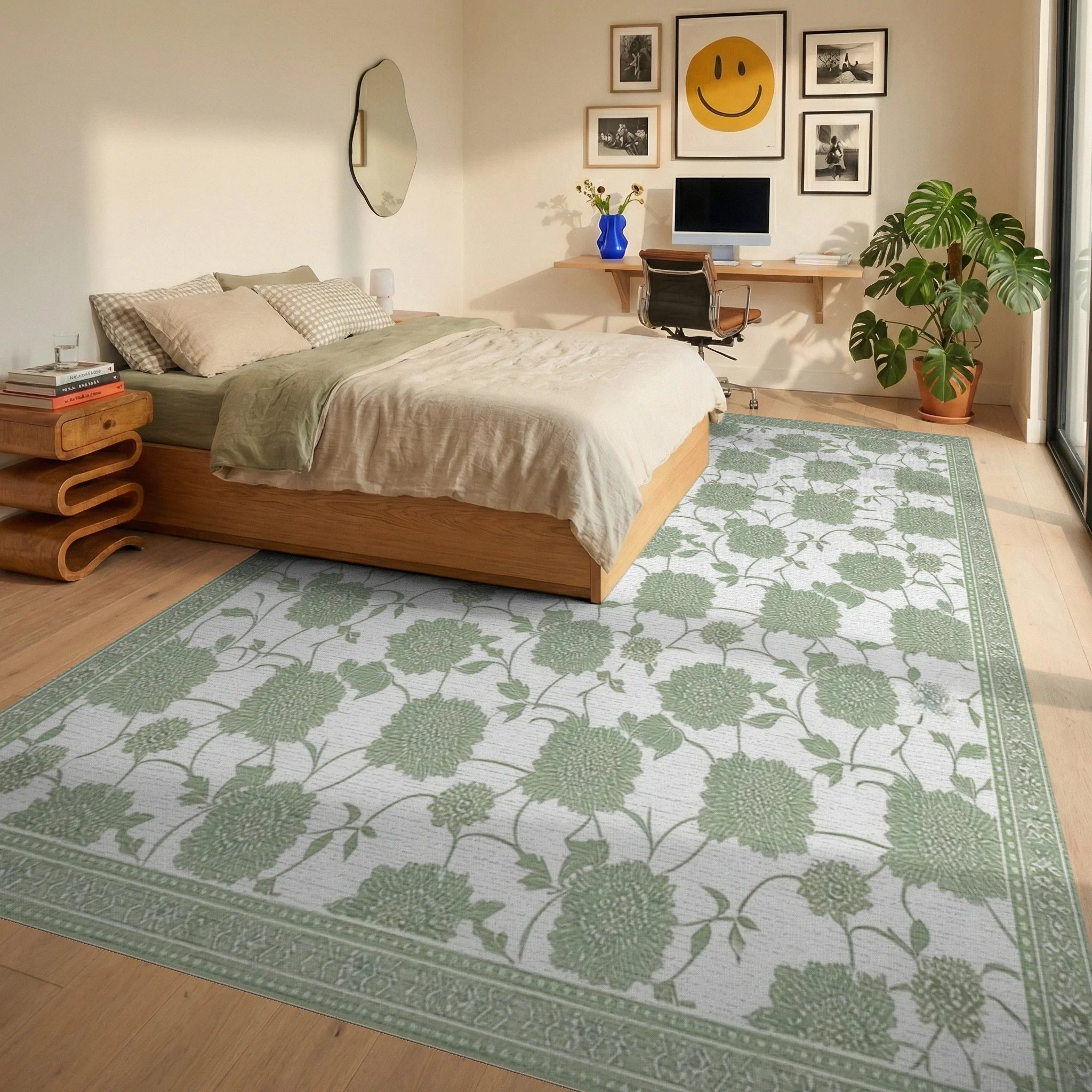 Sage Green Floral Vine Pattern Rug - Bedroom View