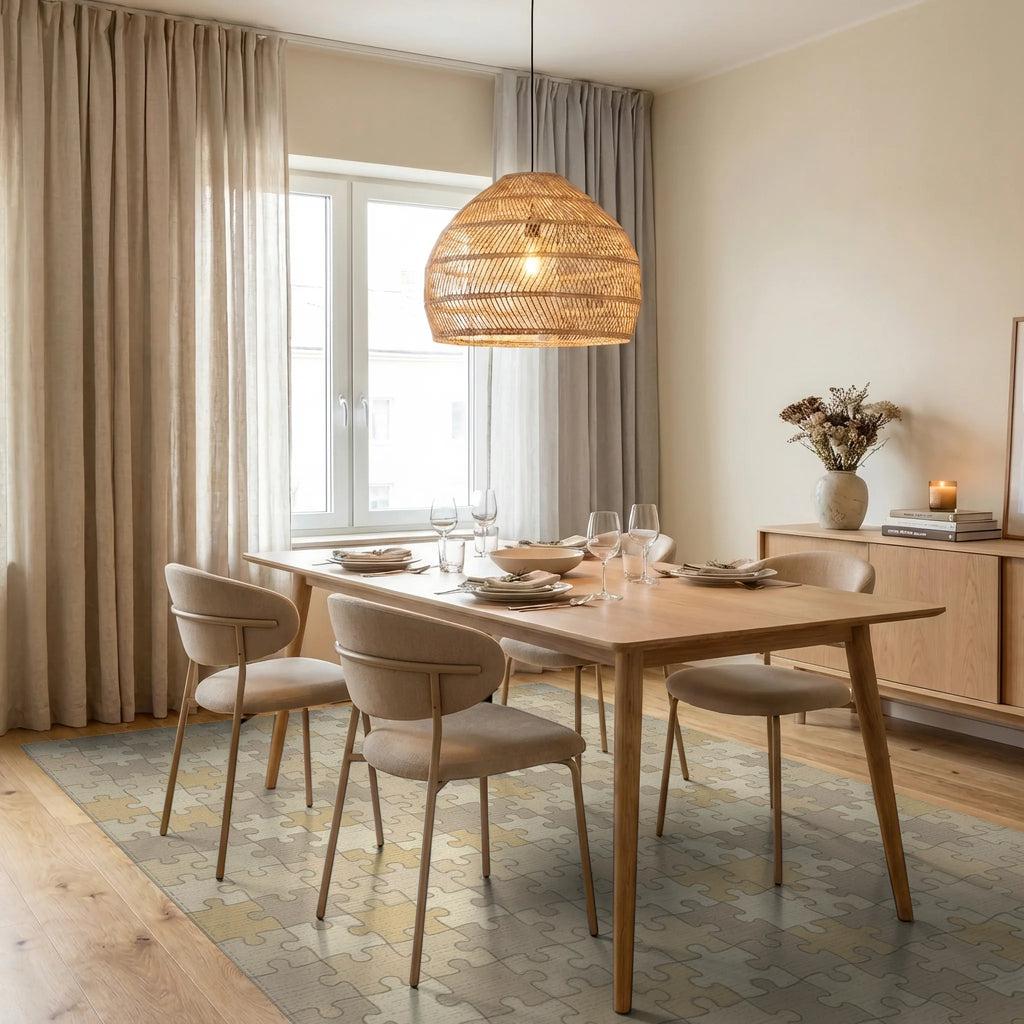Sandy Beige Puzzle Pieces Area Rug Dining Room View