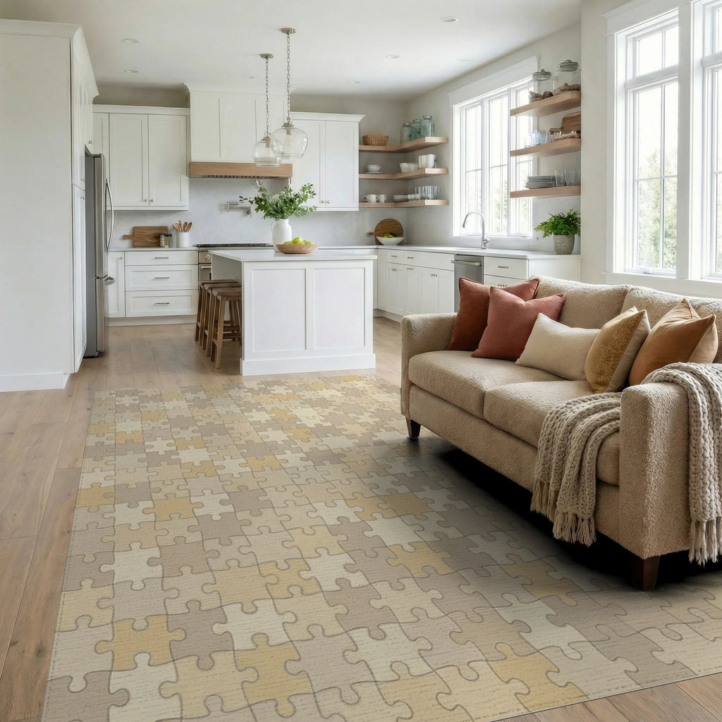 Sandy Beige Puzzle Pieces Area Rug Living Room View