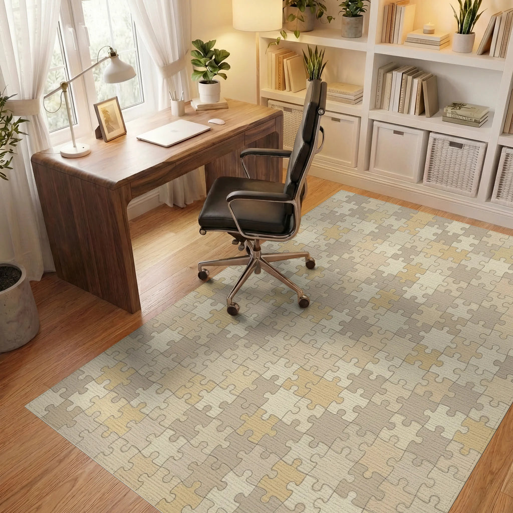 Sandy Beige Puzzle Pieces Area Rug Office View