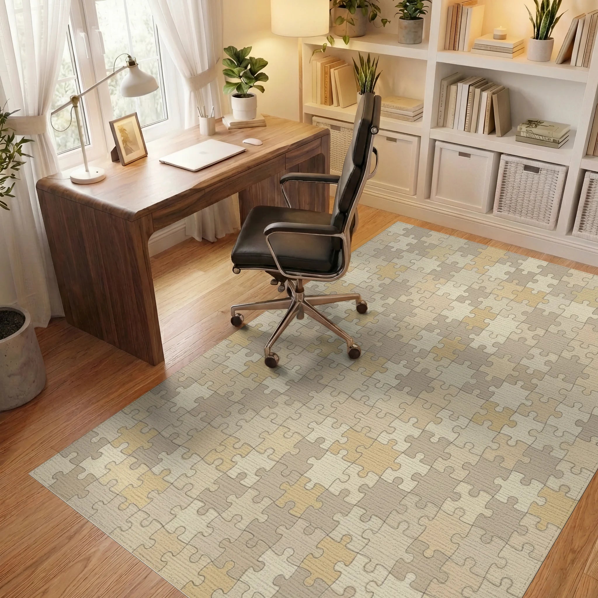 Sandy Beige Puzzle Pieces Area Rug Office View