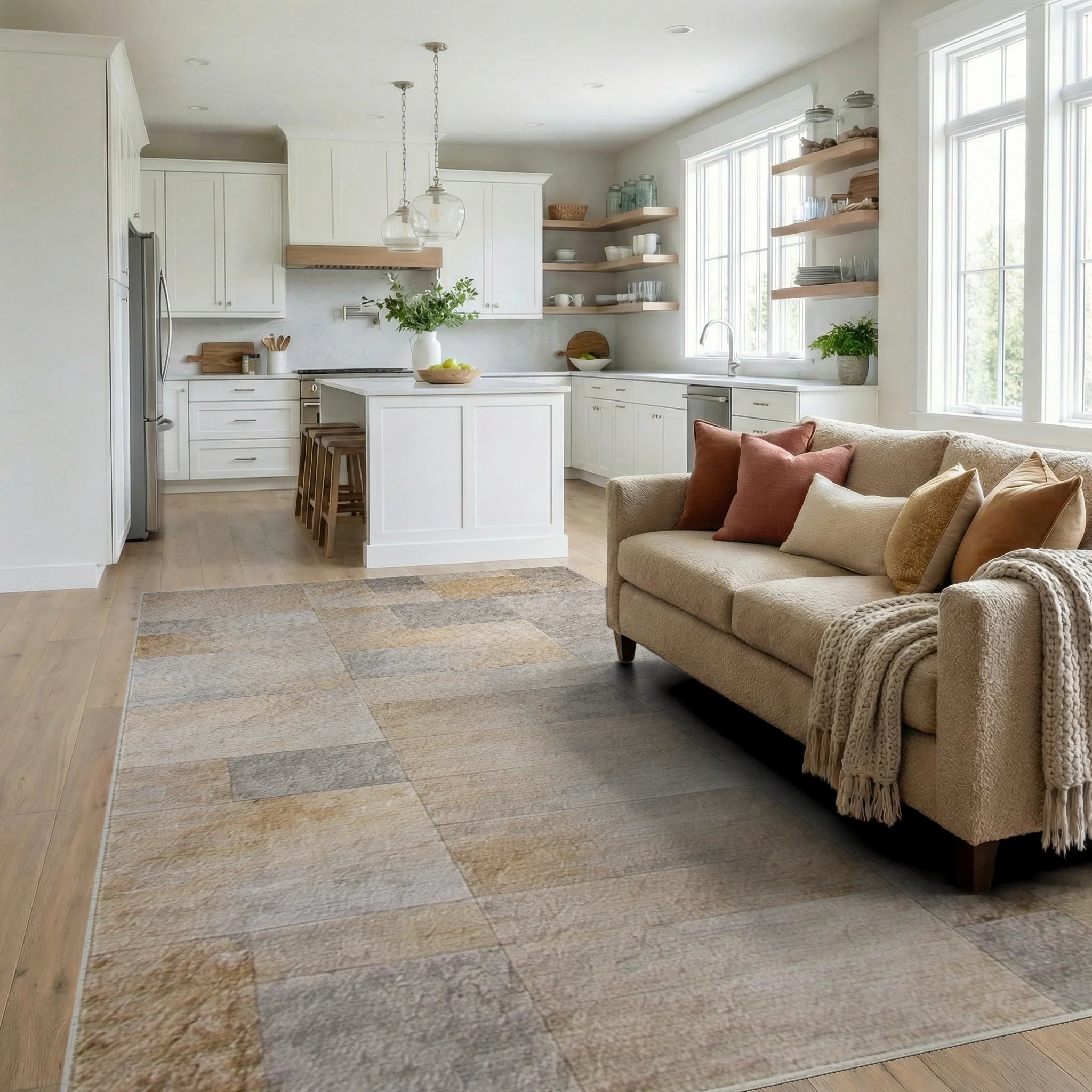 Sandy Beige Stone Brick Texture Rug - Living Room View
