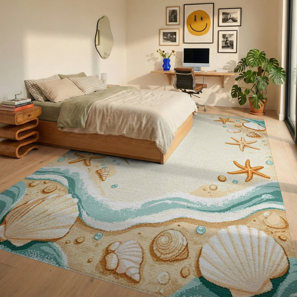 Sandy Seashell Starfish Teal Wave Rug - Bedroom View