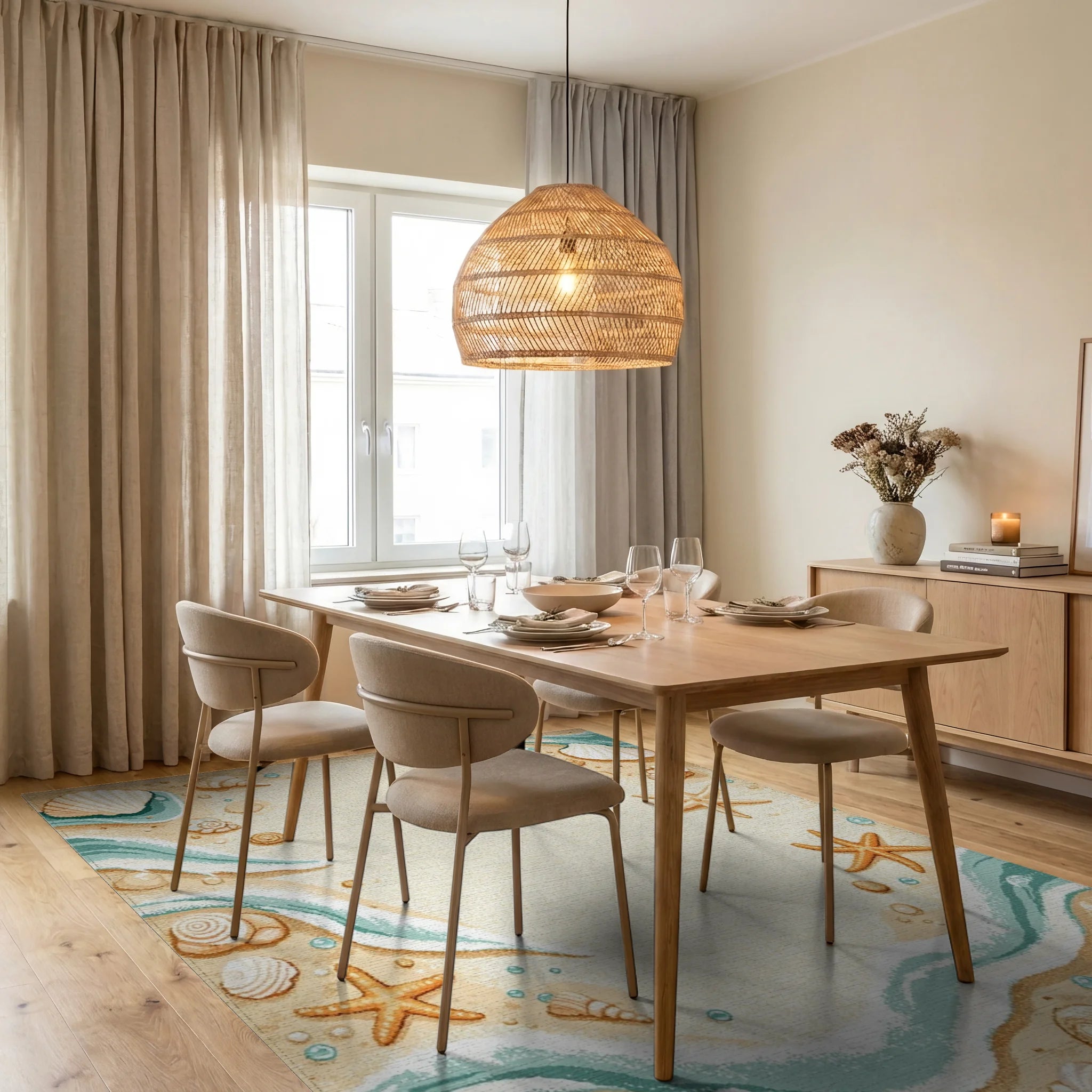 Sandy Seashell Starfish Teal Wave Rug - Dining Room View