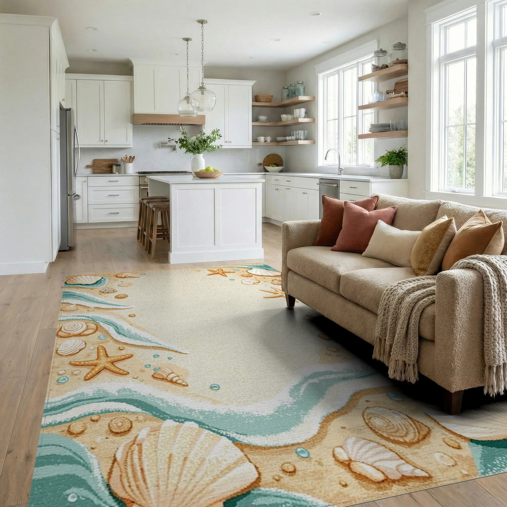 Sandy Seashell Starfish Teal Wave Rug - Living Room View