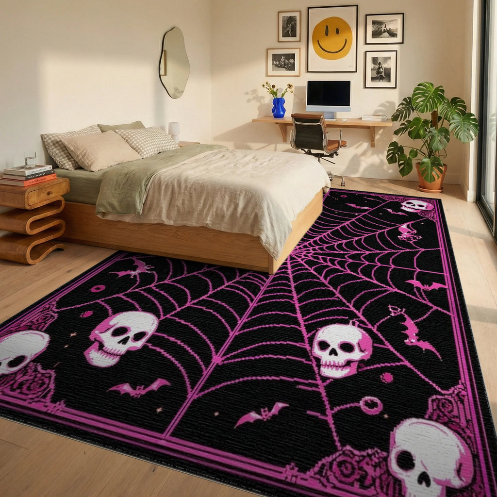 Scary Halloween Skull Bat Web Design Rug - Bedroom View