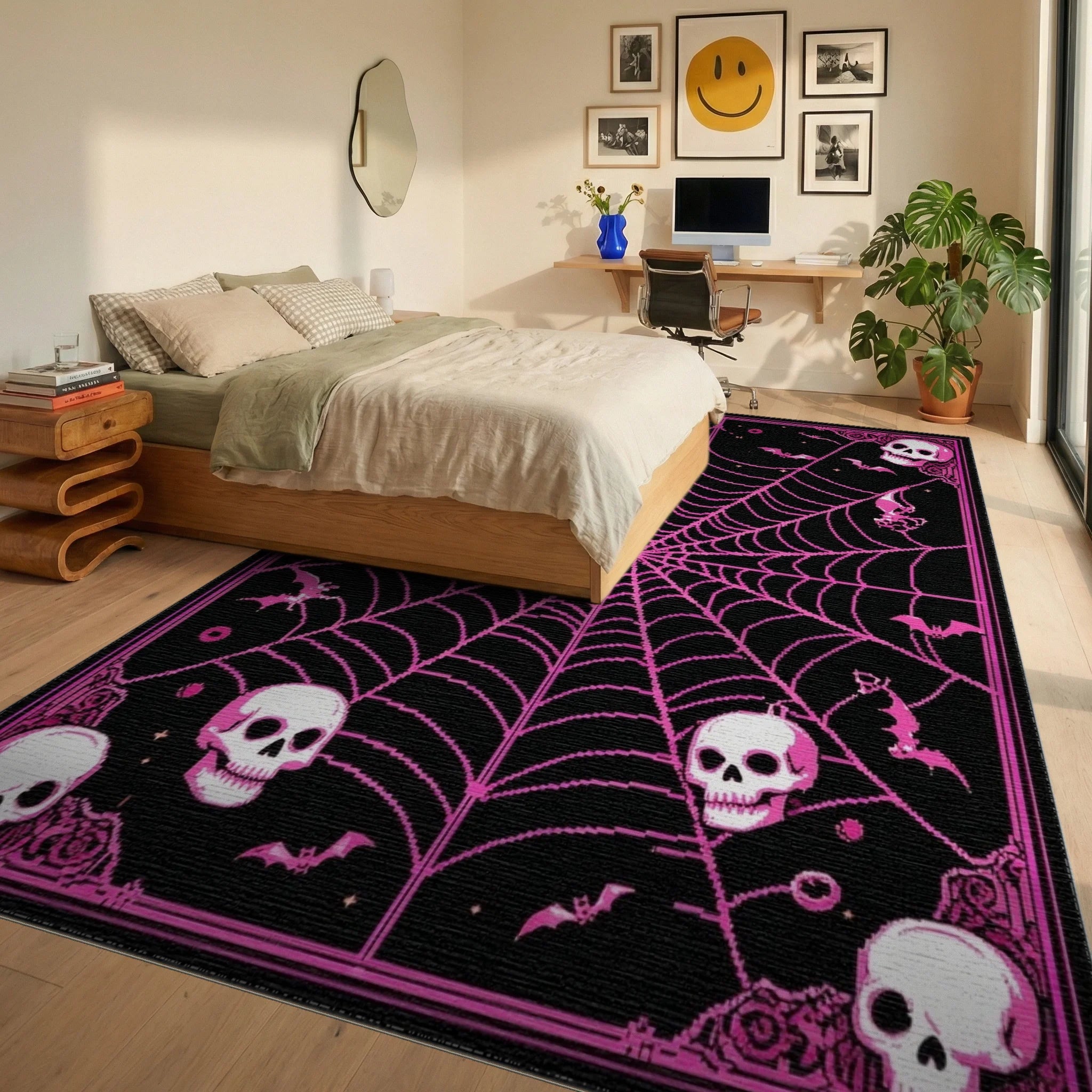 Scary Halloween Skull Bat Web Design Rug - Bedroom View