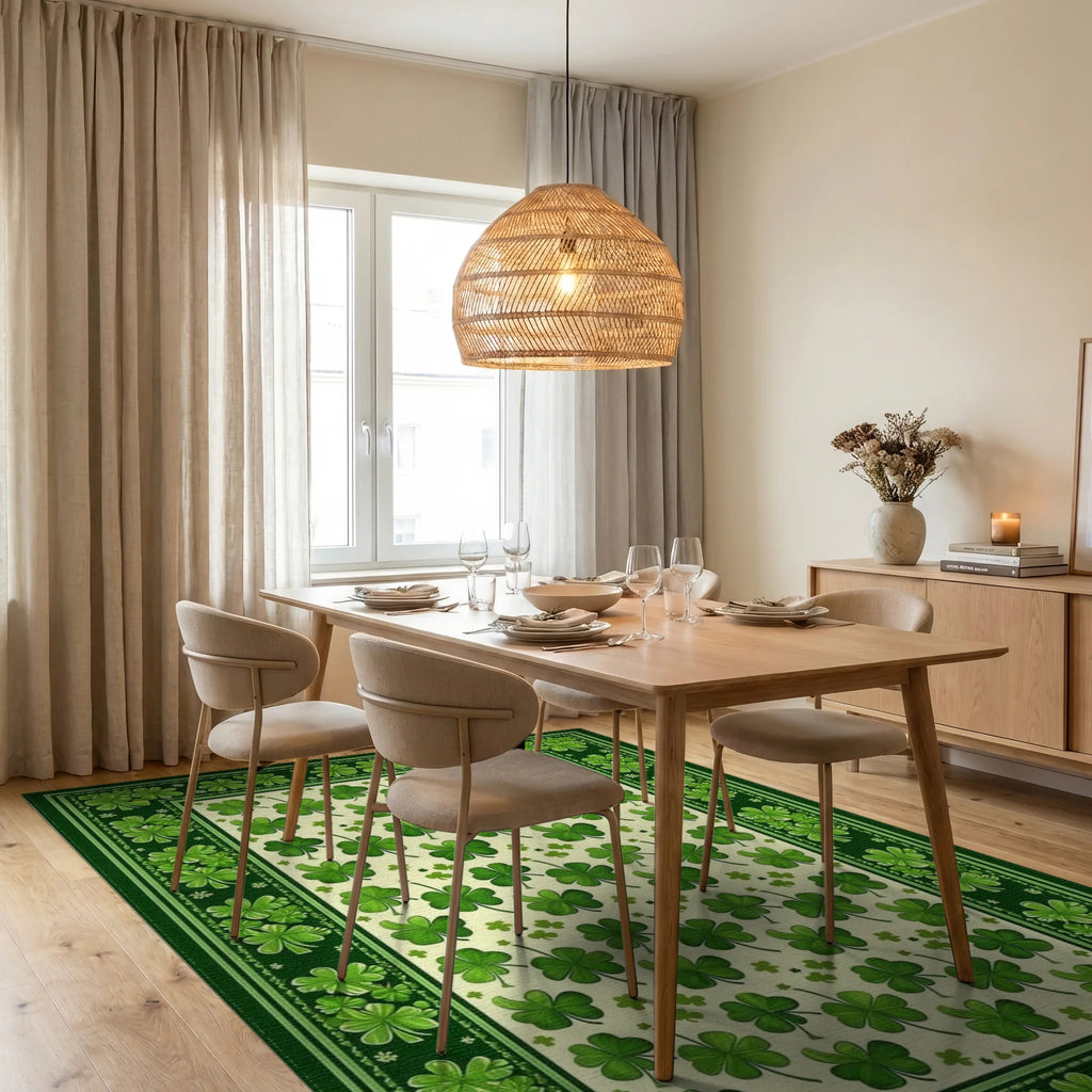 Scattered Shamrock Green Border Rug - Dining Room View