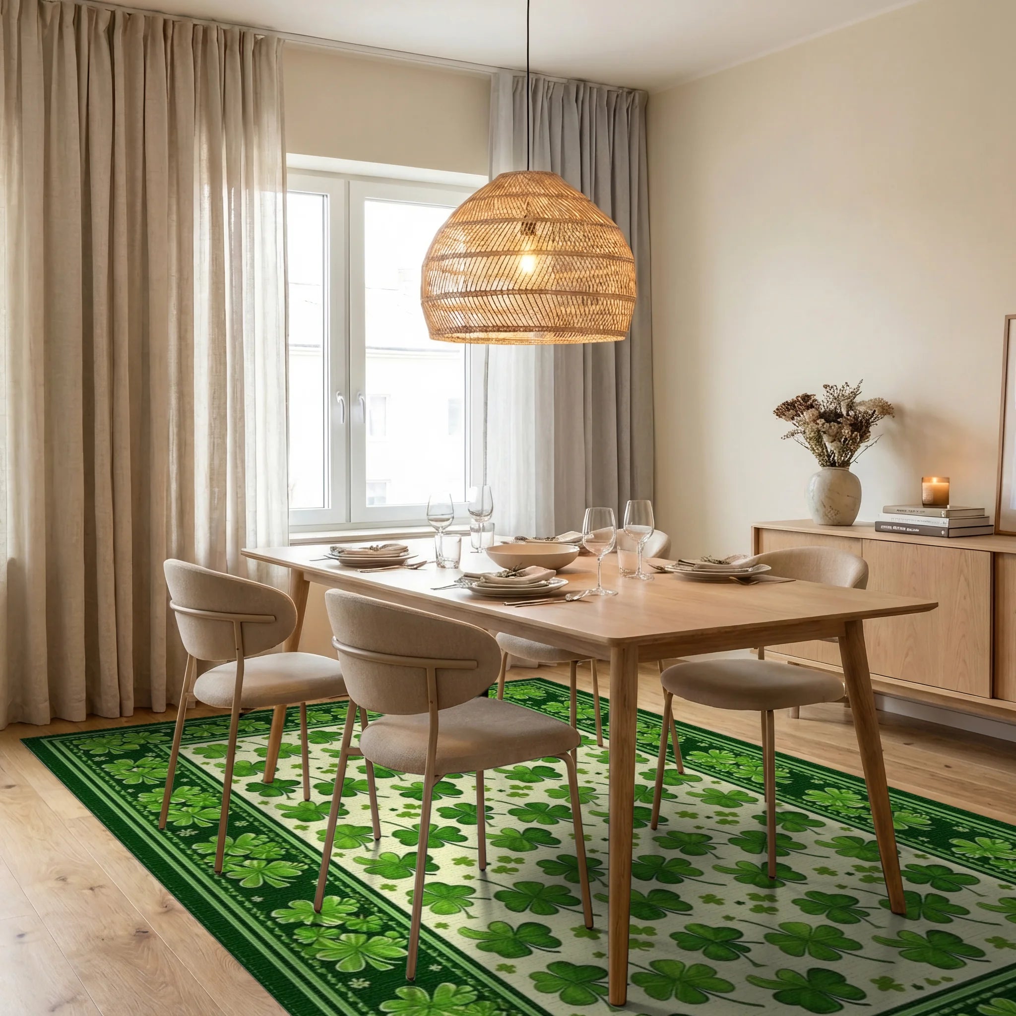 Scattered Shamrock Green Border Rug - Dining Room View