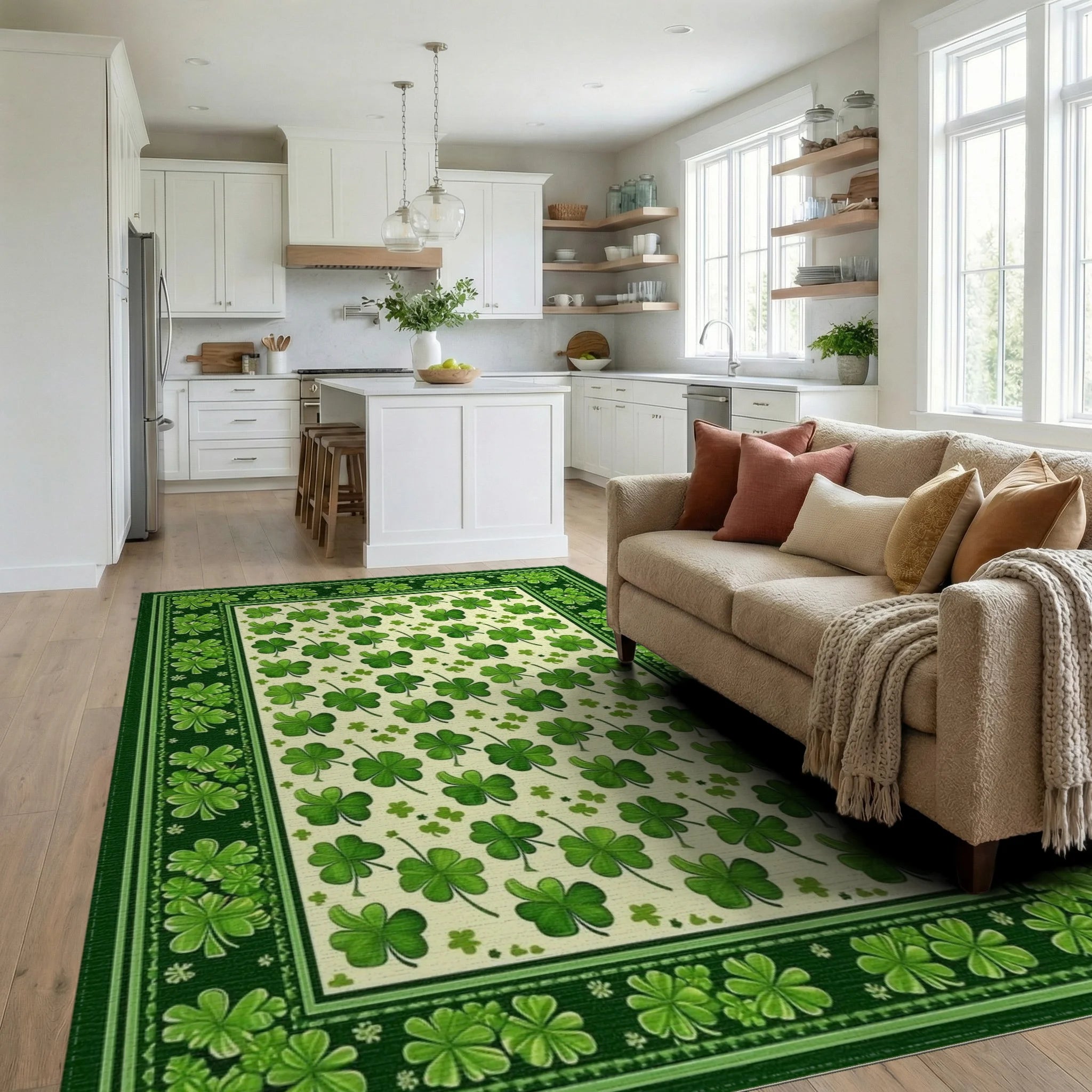 Scattered Shamrock Green Border Rug - Living Room View