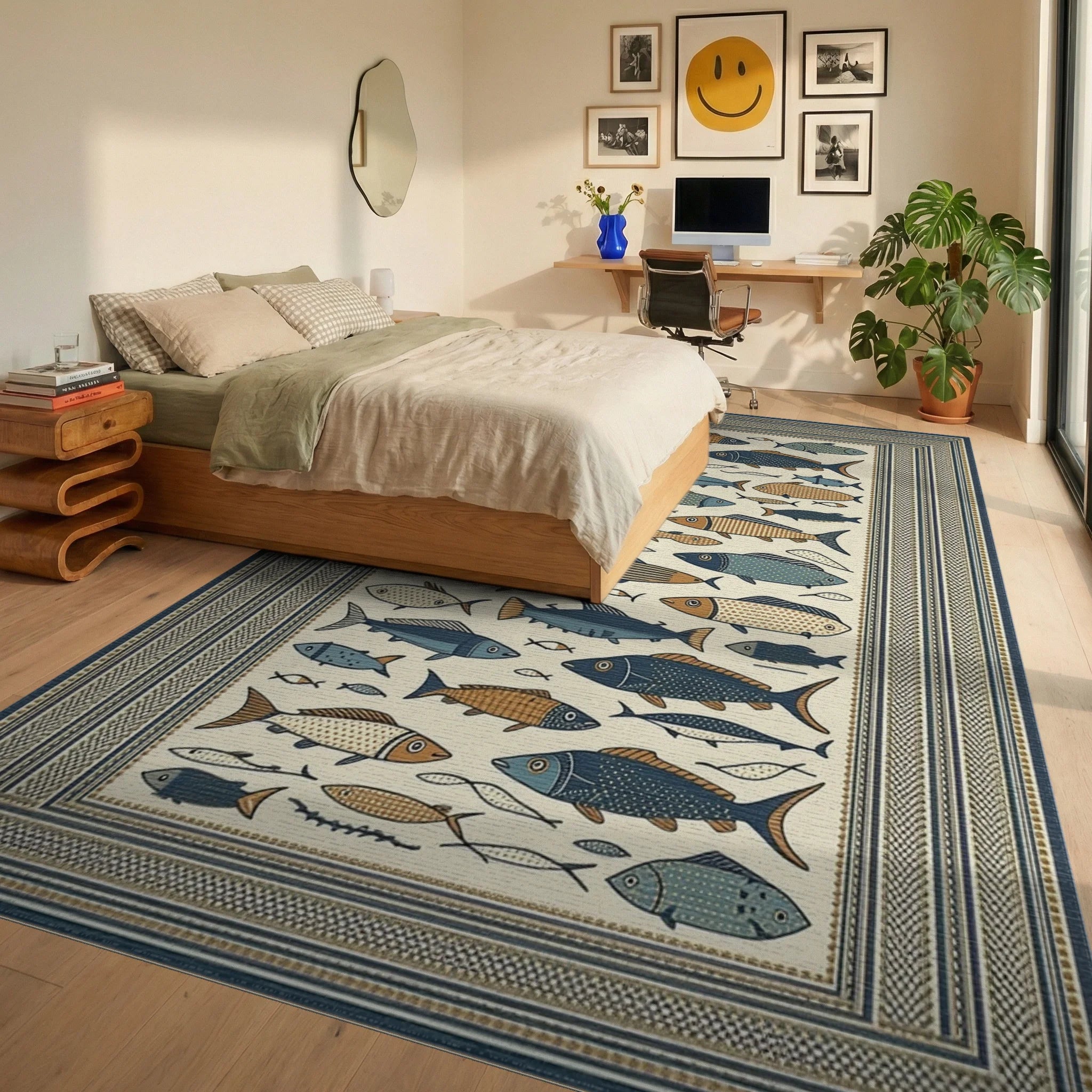 School Of Fish Marine Life Rug - Bedroom View