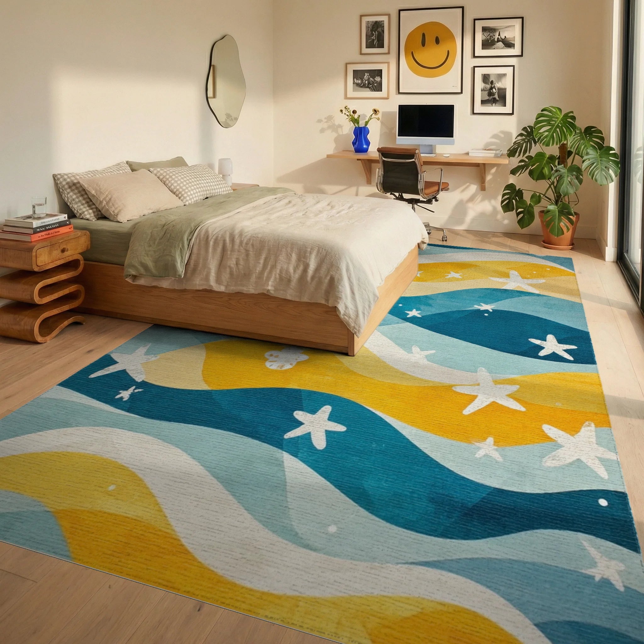 Sea Blue Yellow Wave Starfish Rug - Bedroom View