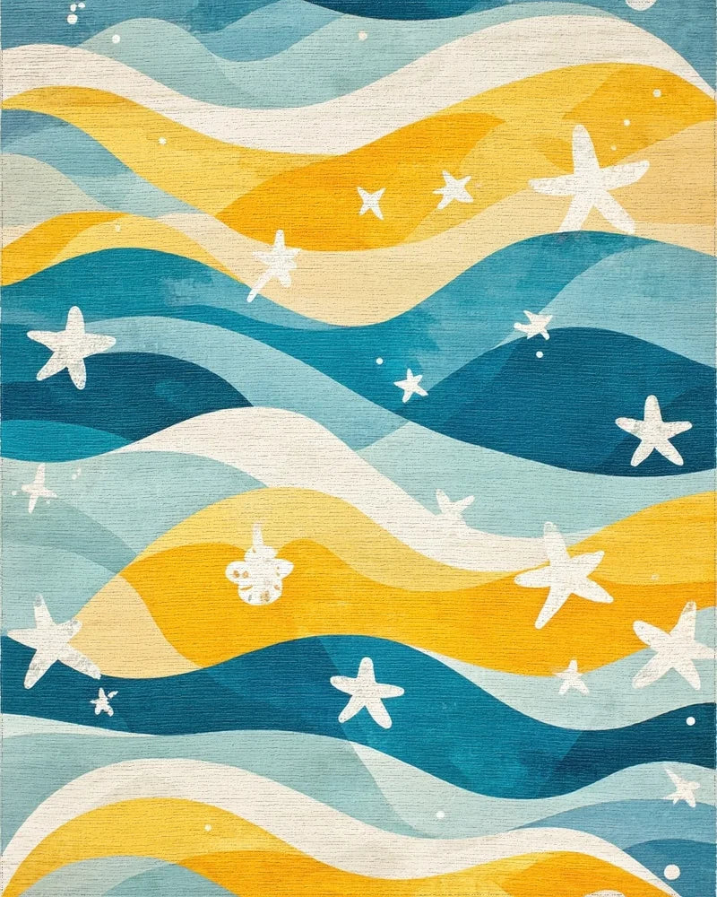 Sea Blue Yellow Wave Starfish Rug - Cutout View