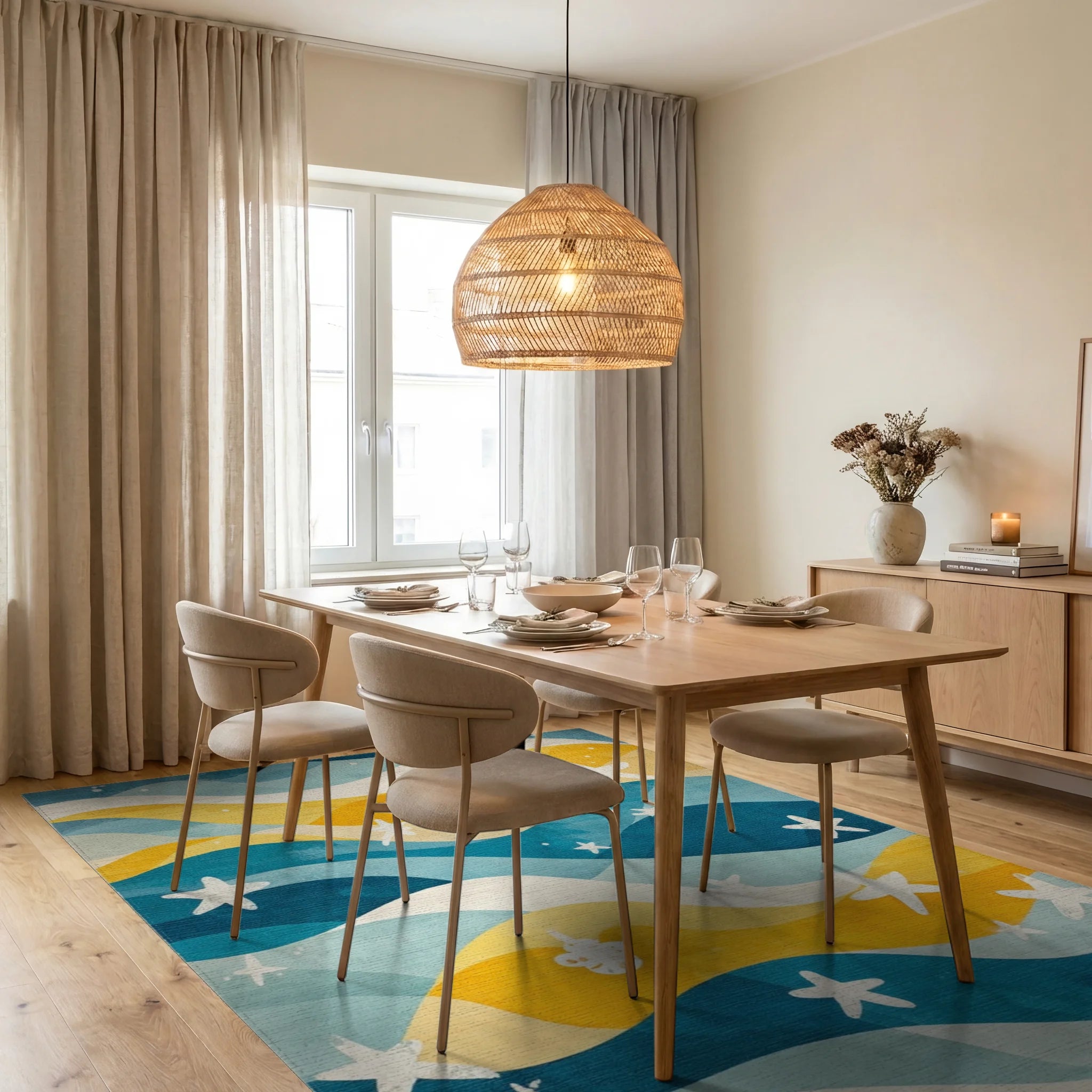 Sea Blue Yellow Wave Starfish Rug - Dining Room View
