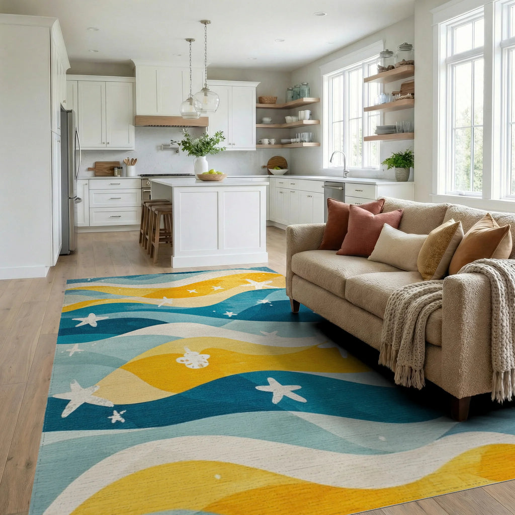 Sea Blue Yellow Wave Starfish Rug - Living Room View