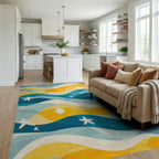 Sea Blue Yellow Wave Starfish Rug - Living Room View