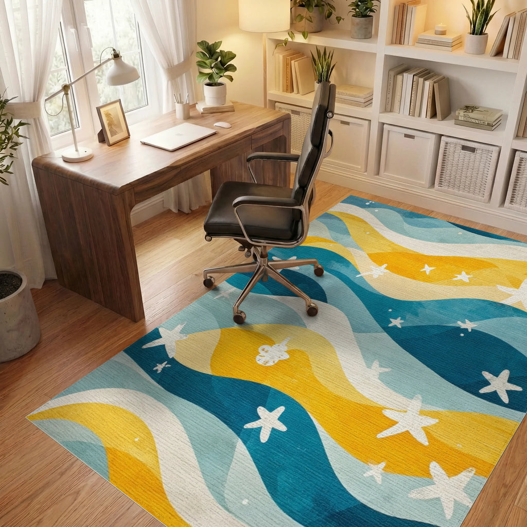 Sea Blue Yellow Wave Starfish Rug - Office View