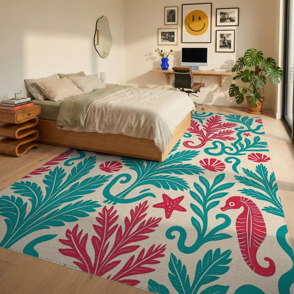 Seahorse Coral Teal and Red Marine Rug Bedroom View