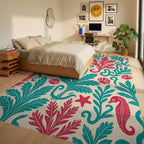 Seahorse Coral Teal and Red Marine Rug Bedroom View