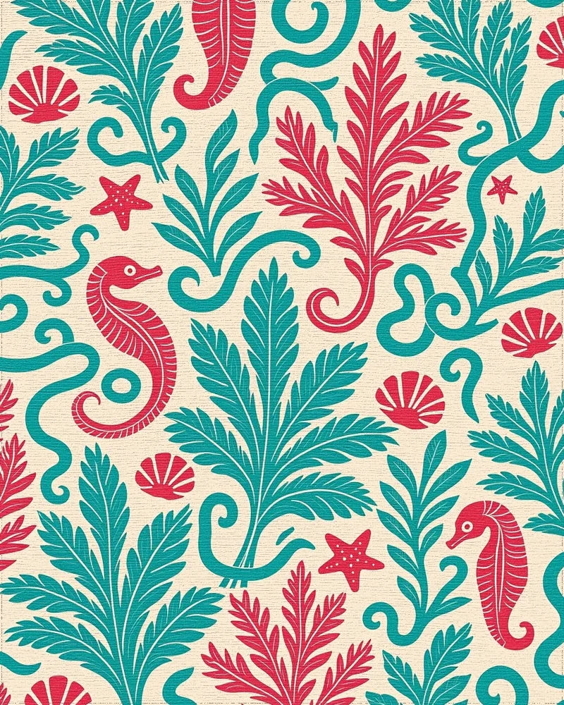 Seahorse Coral Teal and Red Marine Rug - Cutout View