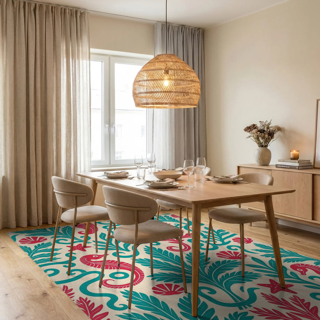 Seahorse Coral Teal and Red Marine Rug Dining Room View