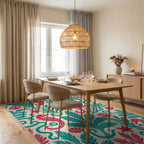 Seahorse Coral Teal and Red Marine Rug Dining Room View