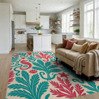 Seahorse Coral Teal and Red Marine Rug Living Room View