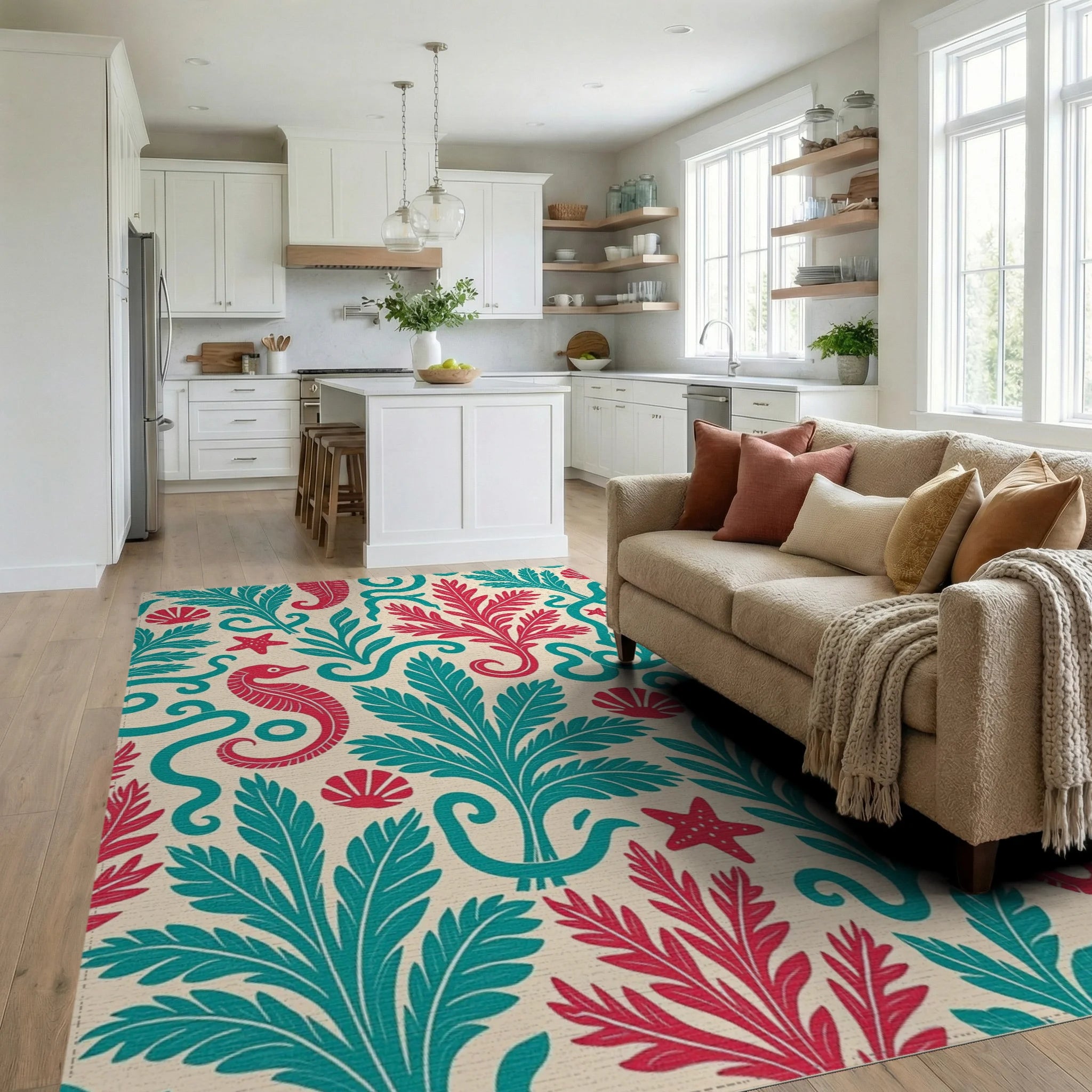 Seahorse Coral Teal and Red Marine Rug Living Room View
