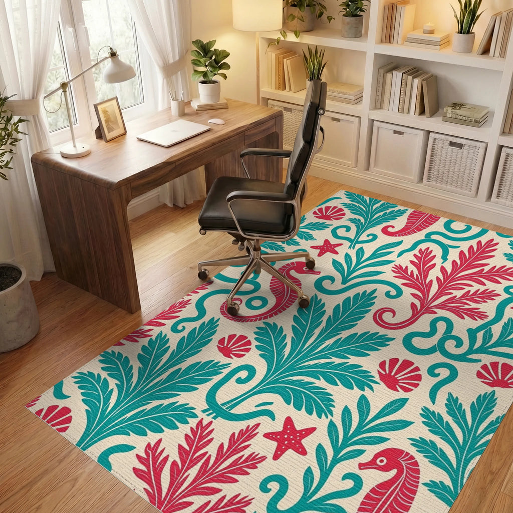 Seahorse Coral Teal and Red Marine Rug Office View