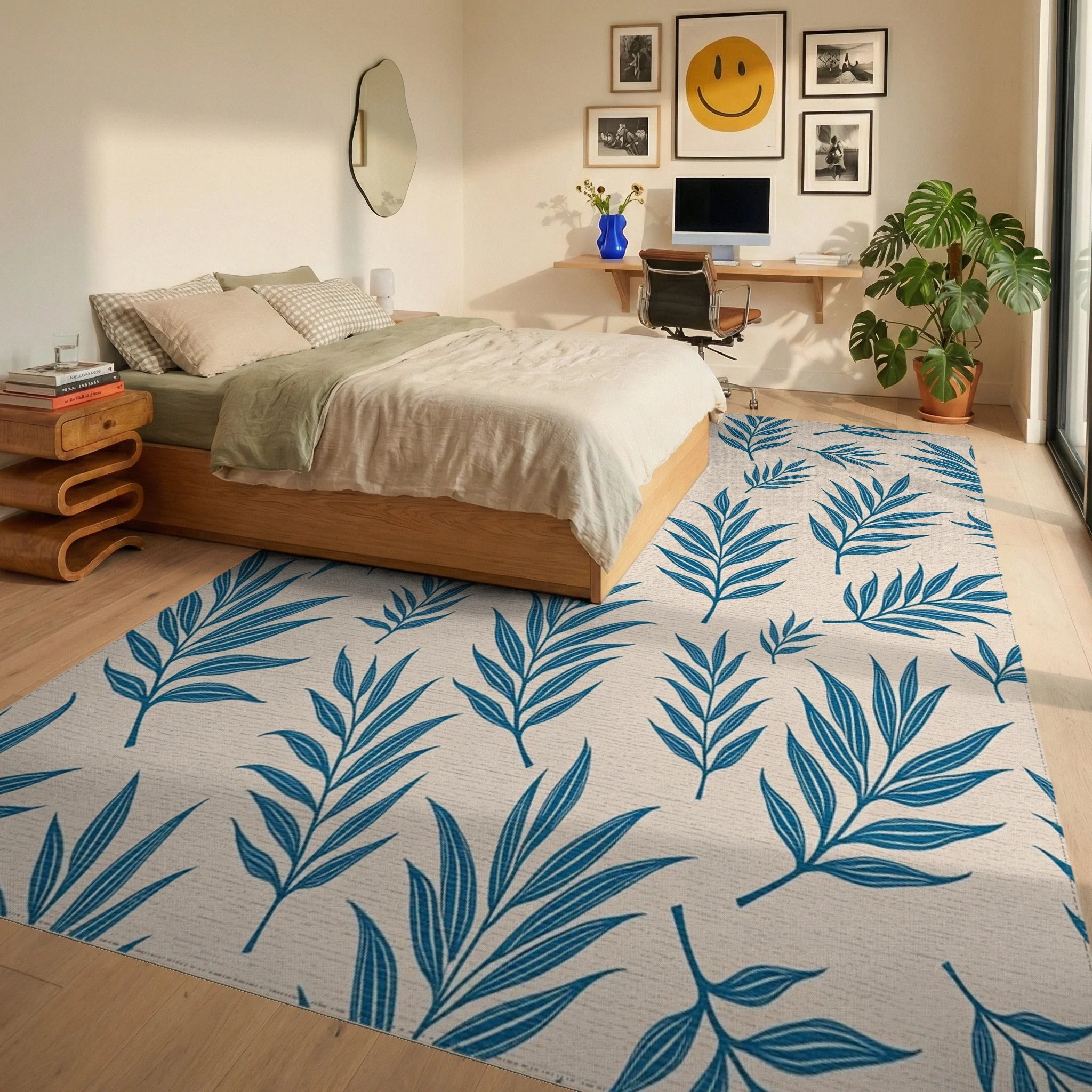Seamless Blue Fern Leaf Pattern Rug Bedroom View