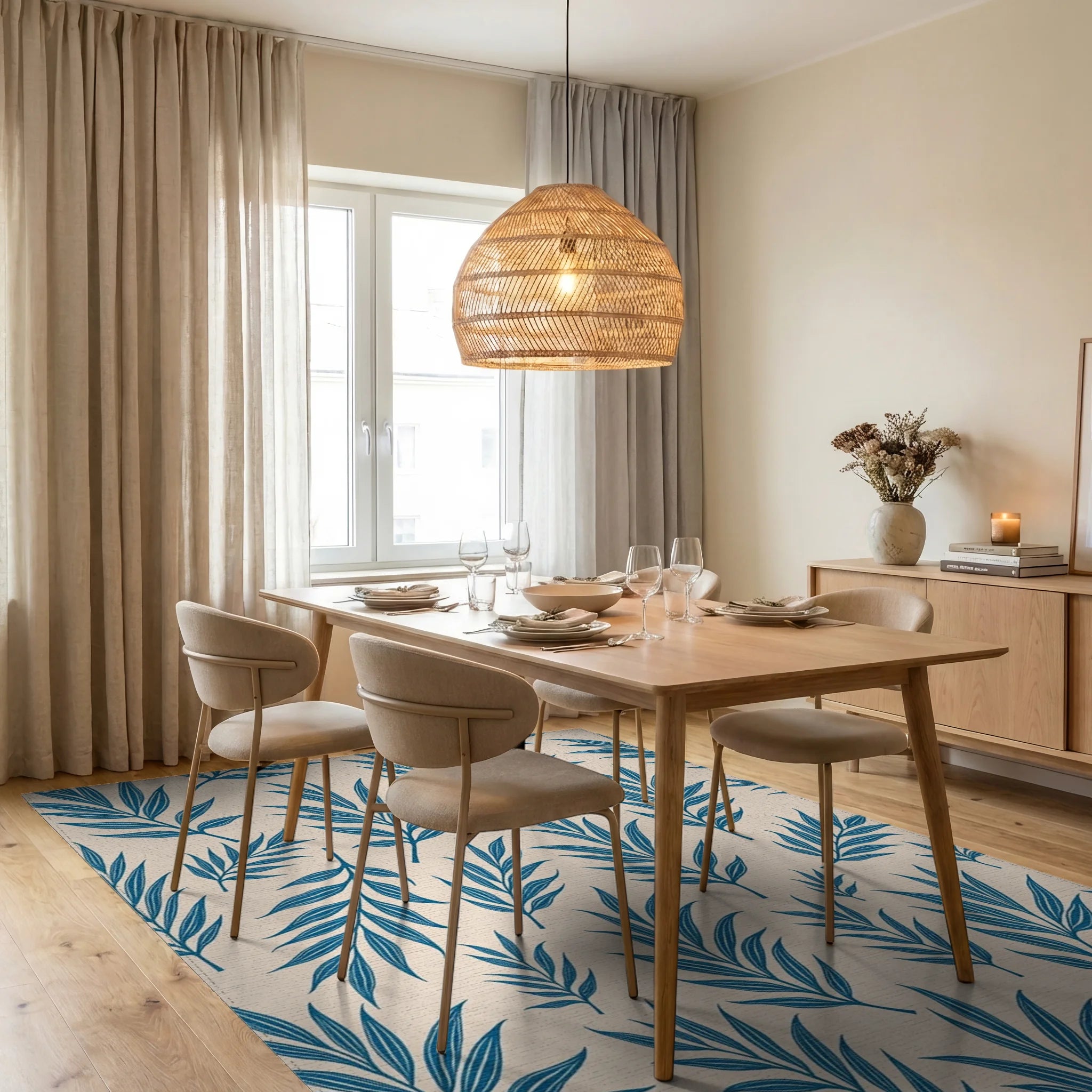 Seamless Blue Fern Leaf Pattern Rug Dining Room View
