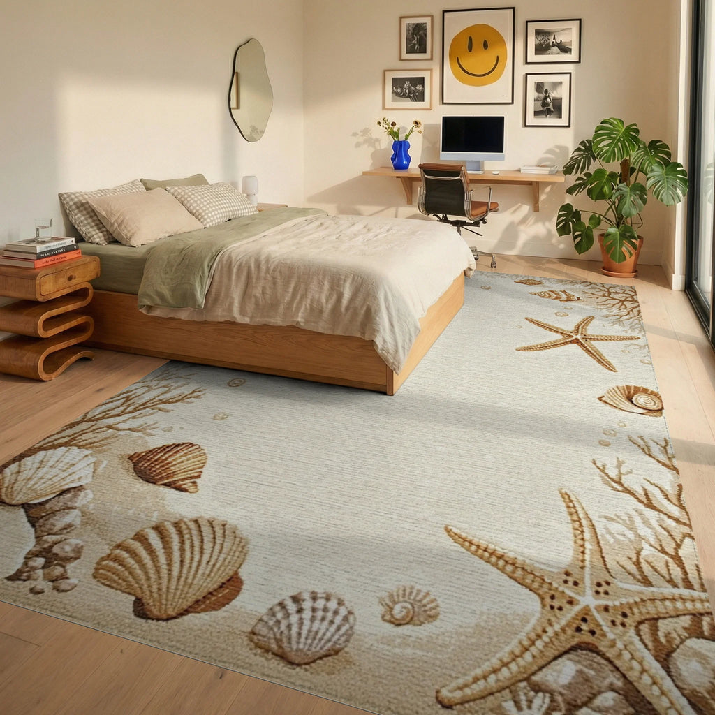 Seashell Starfish Sandy Beach Collection Rug - Bedroom View