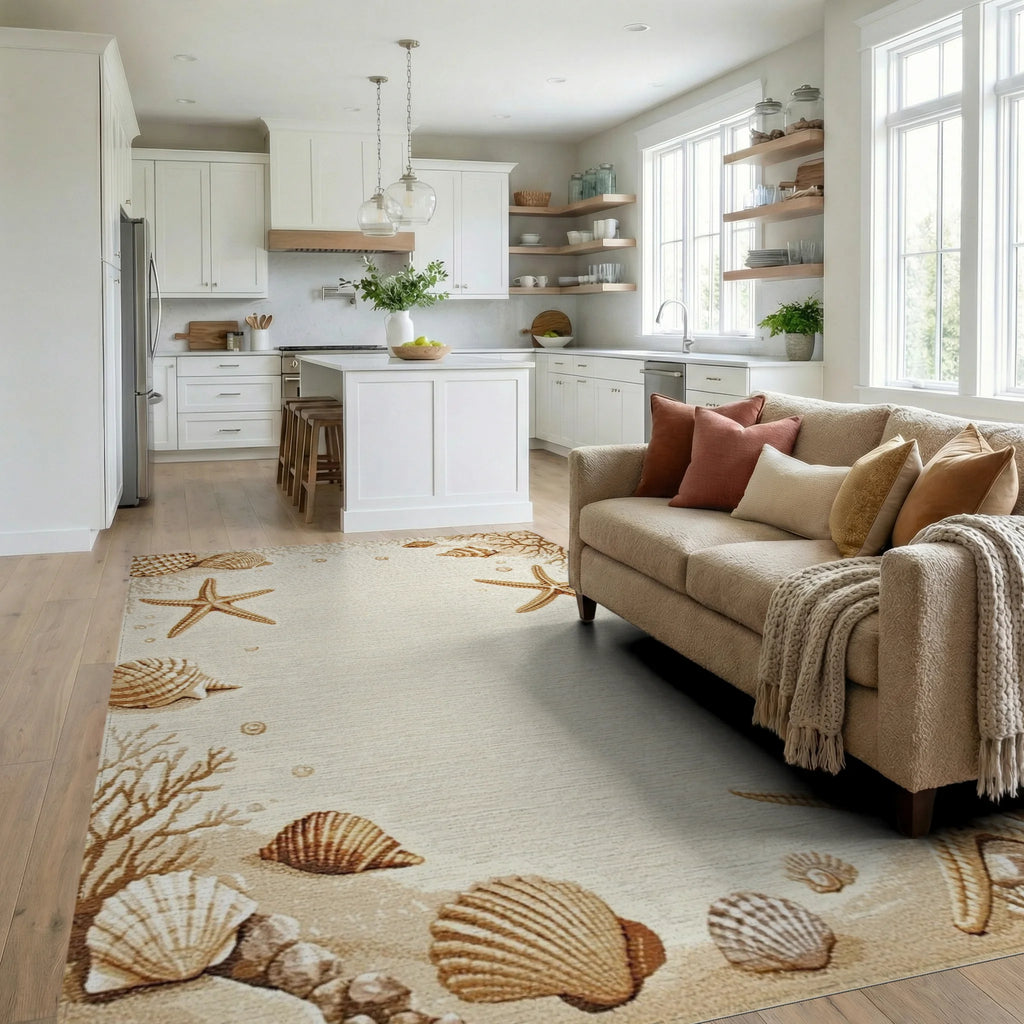 Seashell Starfish Sandy Beach Collection Rug - Living Room View