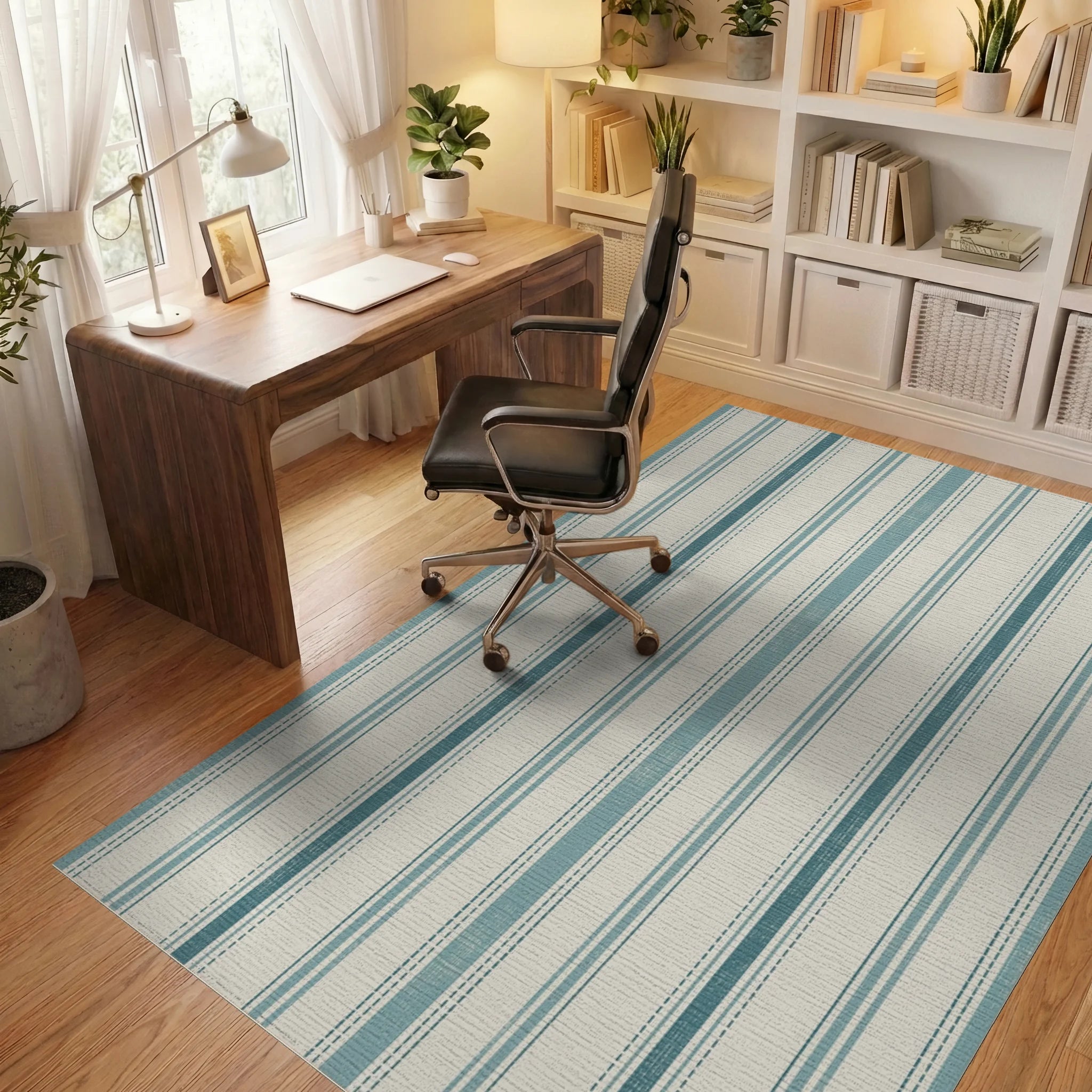 Seaside Coastal Striped Farmhouse Rug Office View