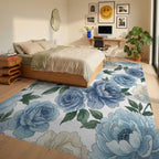 Serene Blue Cream Floral Watercolor Blossoms Rug Bedroom View