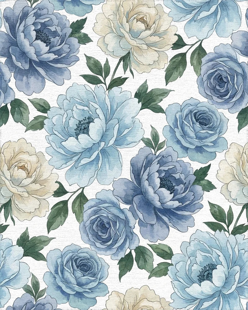 Serene Blue Cream Floral Watercolor Blossoms Rug - Cutout View